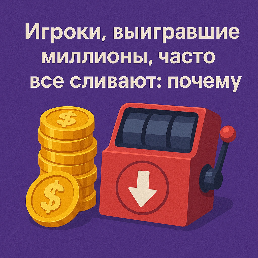 Красный игровой автомат с иконкой слива и стопка монет на фоне заголовка «Игроки, выигравшие миллионы, часто всё сливают: почему»