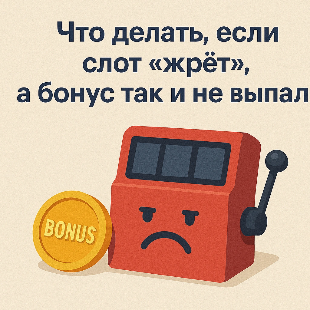 Красный слот с грустным лицом и бонусной монетой на фоне заголовка «Что делать, если слот “жрёт”, а бонус так и не выпал»
