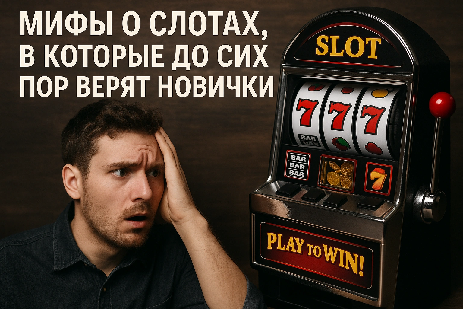 Удивлённый новичок рядом с игровым автоматом 777 и надписью «Мифы о слотах, в которые до сих пор верят новички»