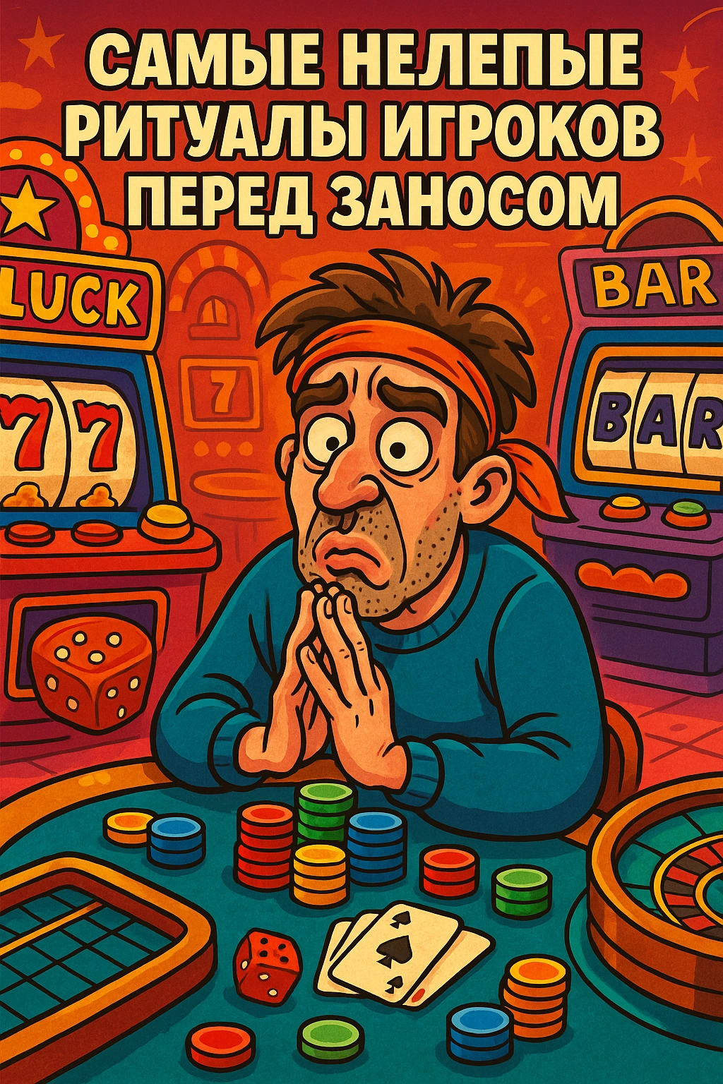 Мужчина в казино выполняет странный ритуал перед ставкой, окружённый фишками, слотами и азартной атмосферой.