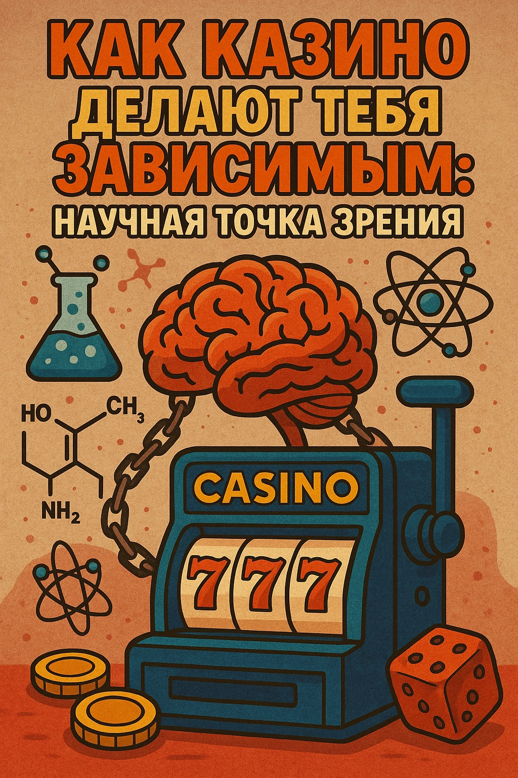 Мозг, прикованный к игровому автомату, окружён формулами и научными символами — визуализация зависимости от казино с научной точки зрения.