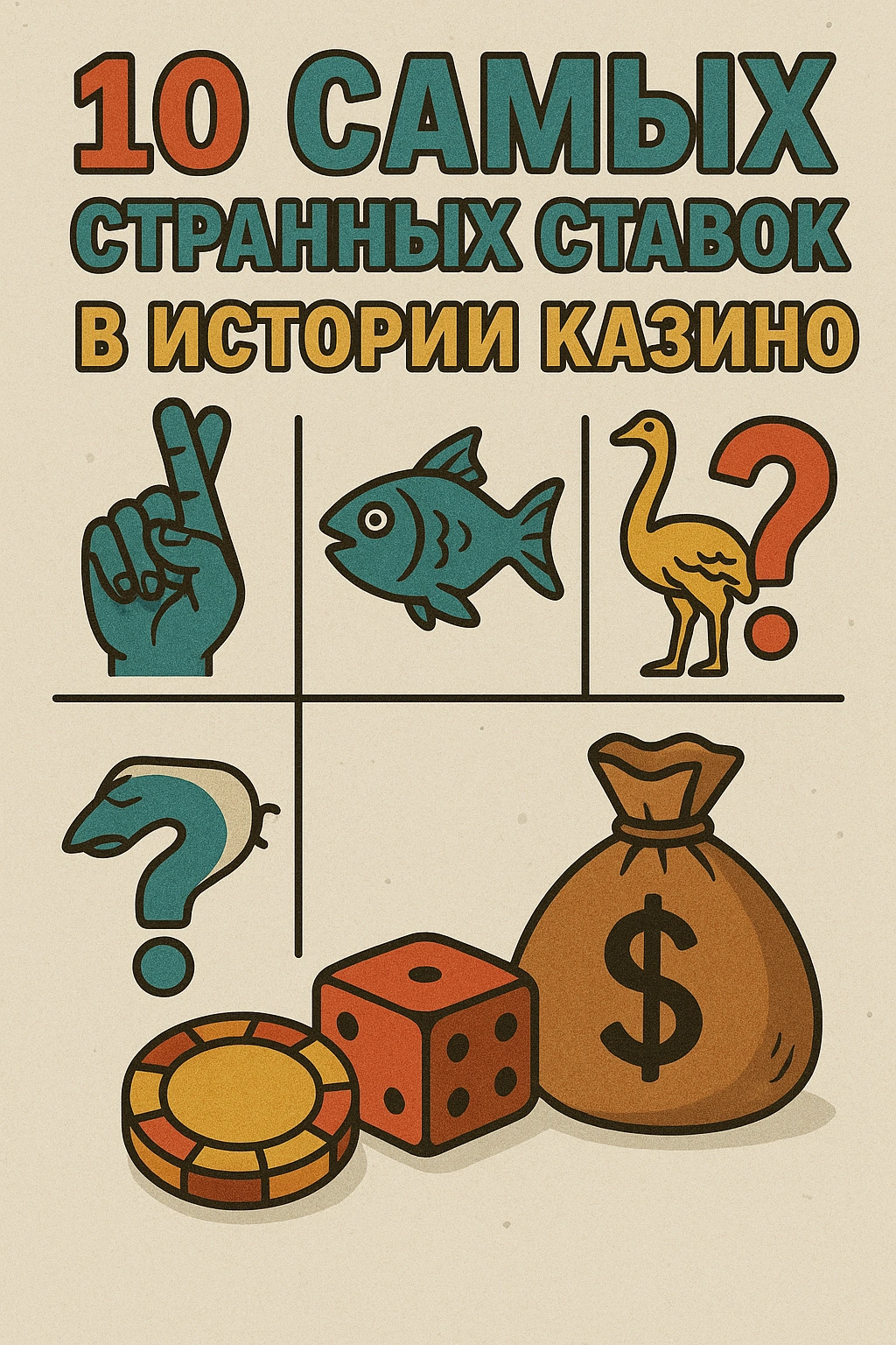 Необычные символы ставок — рыба, страус, перчатка и вопросительный знак на фоне казино-атрибутов, иллюстрирующие самые странные пари в истории.